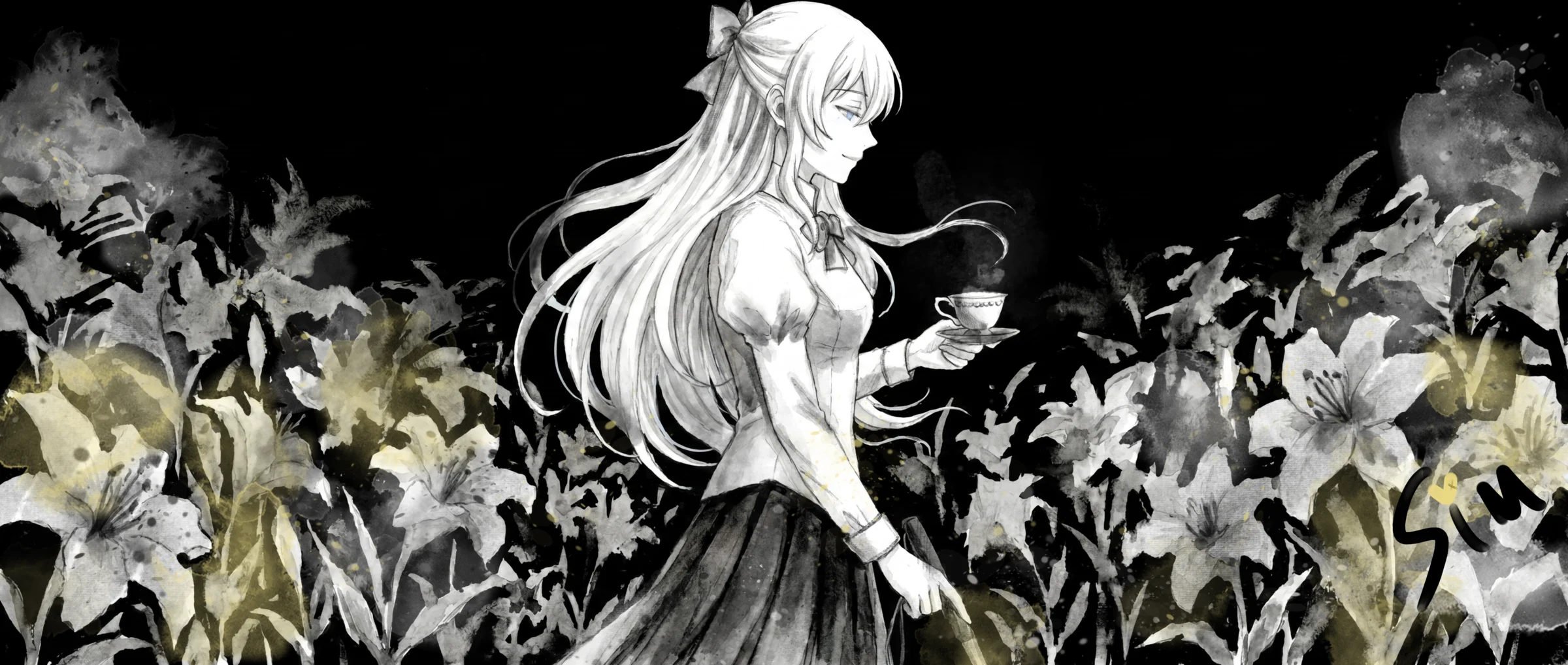 Monochrome Lilly illustration surrounded by lilies by Sim.