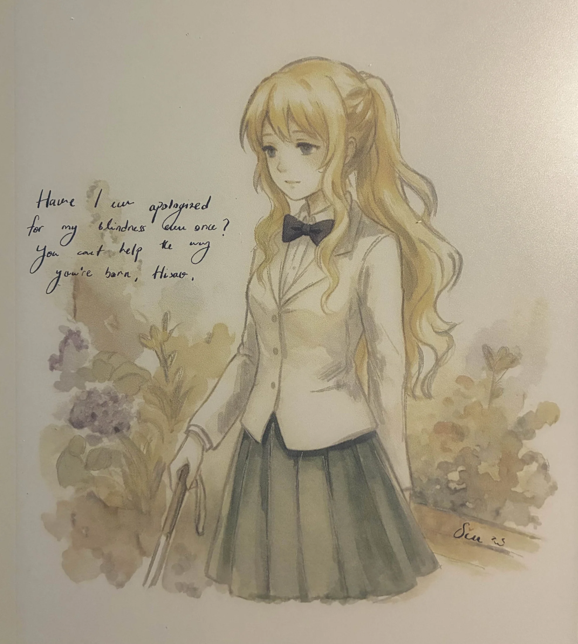 Traditional watercolor illustration of Lilly with handwritten text by Sim.