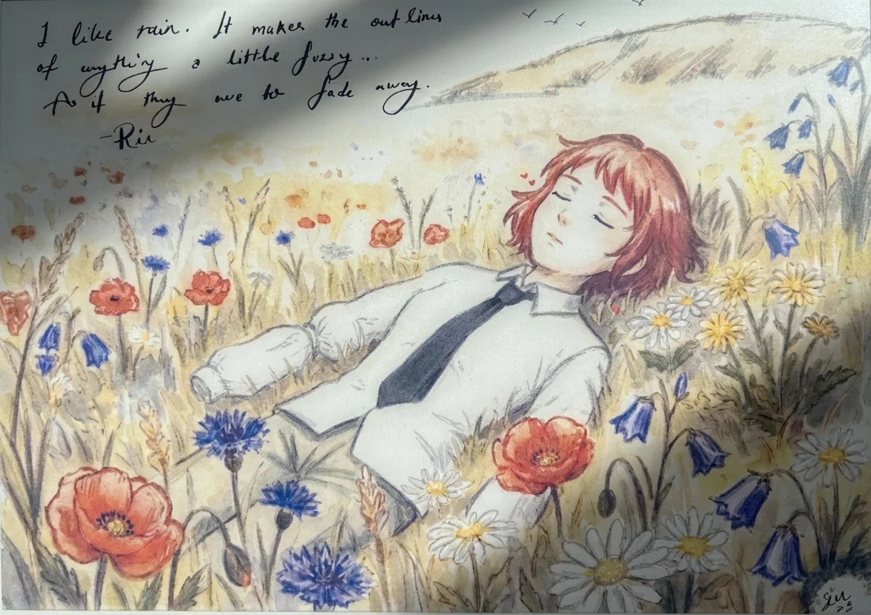 Traditional watercolor illustration of Rin lying in flowers with handwritten text.