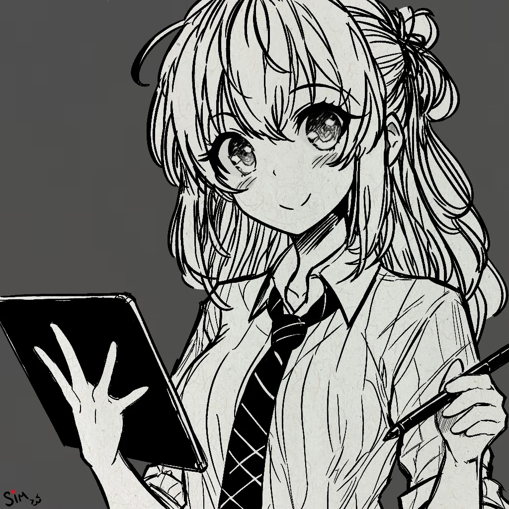 Monochrome line art character illustration with tablet by Sim.